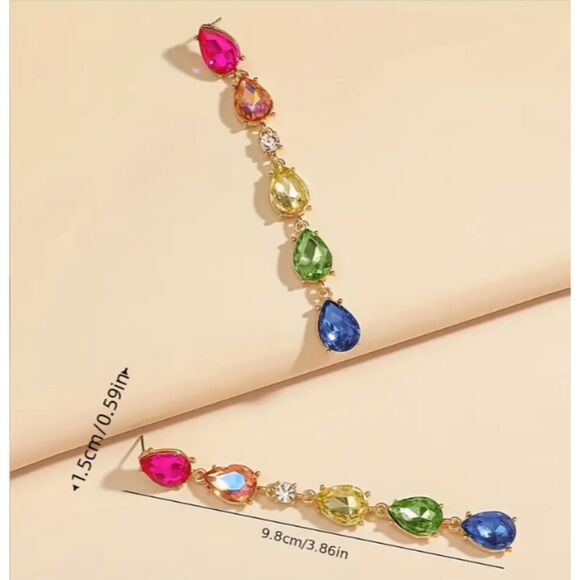 Long Raindrop Shaped Colored Rhinestones 3.86" Earrings - Picture 4 of 8